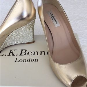 L.K. Bennett Estela soft gold wedge shoe.